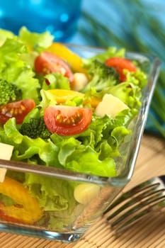 Fresh vegetable salad made of tomato, broccoli, corn, yellow bell pepper, cheese and lettuce (Selective Focus, Focus on the tomato piece in the front)