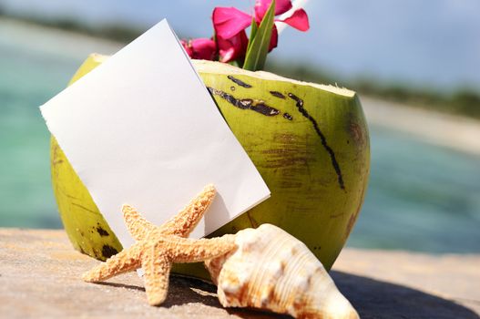 Coconut cocktail starfish tropical Caribbean beach refreshment and towel