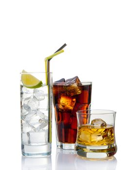 Variety of cocktails, isolated on white with reflection