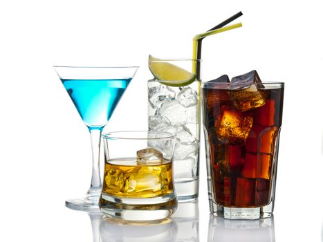 Variety of cocktails isolated on white with reflection