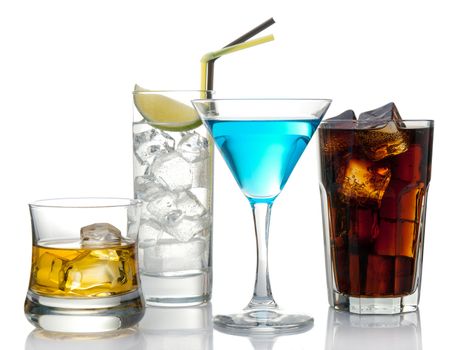 Variety of cocktails isolated on white with reflection