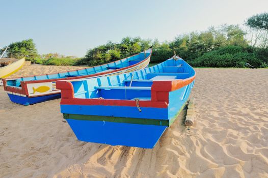 Fishing boats on the sandy beach in Goa