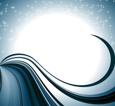 blue background with white circular space with waves and stars