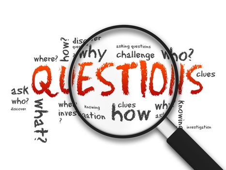 Magnifying Glass with questions words on white background