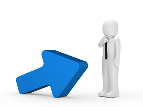 Business man stand next a blue arrow
