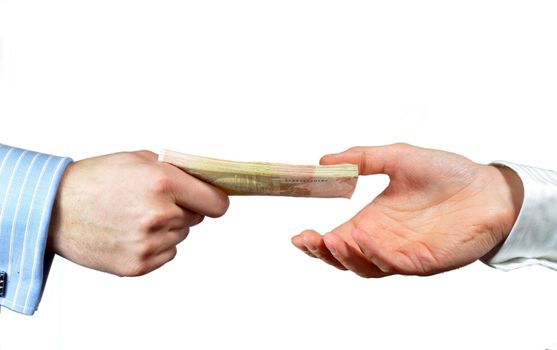 Hands exchanging 50 euro bills, isolated on white
