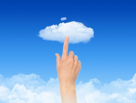 Woman hand touch the cloud against blue sky with clouds. Concept image on cloud computing and eco theme.