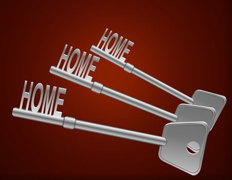 Illustration depicting three keys with a 'home' concept. Dark orange background.