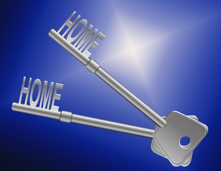 Illustration depicting two keys with a 'home' concept. Blue light background.