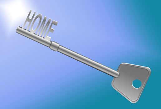 Illustration depicting a single key with a 'home' concept. Purple light effect background.