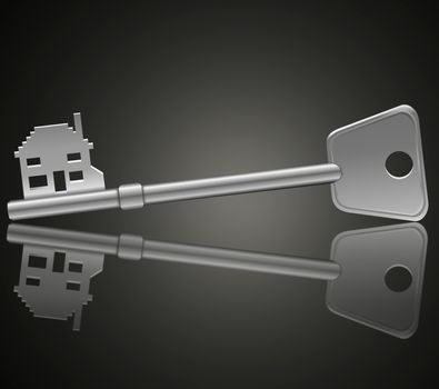Illustration depicting a single key with a 'home' concept reflecting into foreground with a dark background.