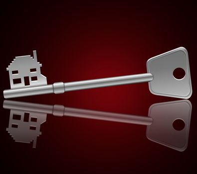 Illustration depicting a single key with a 'home' concept reflecting into foreground with a dark red background.
