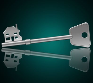 Illustration depicting a single key with a 'home' concept reflecting into foreground with a dark aqua background.