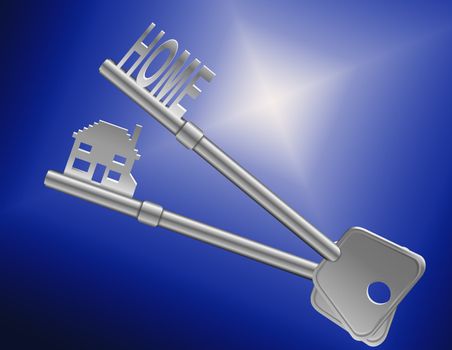 Illustration depicting two keys with a 'home' concept. Blue light background.