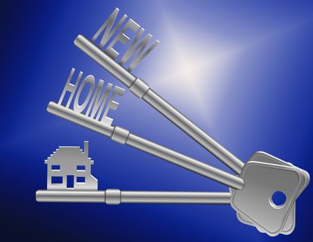 Illustration depicting two keys with a 'home' concept. Blue light background.