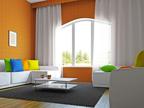 Livingroom with furniture near the big windows