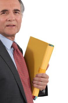 senior businessman holding files isolated on white