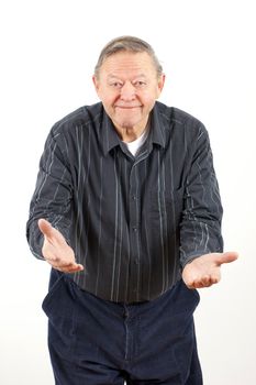 Happy senior man or grand father bending down with open arms to welcome grand kids.