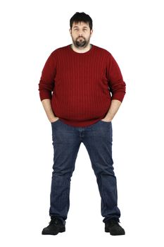 Complete body shot of a big guy smiling looking at camera, real ordinary middle age bearded white man with weight problem isolated over white