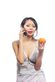 Young woman making consultation via telephone about dietary