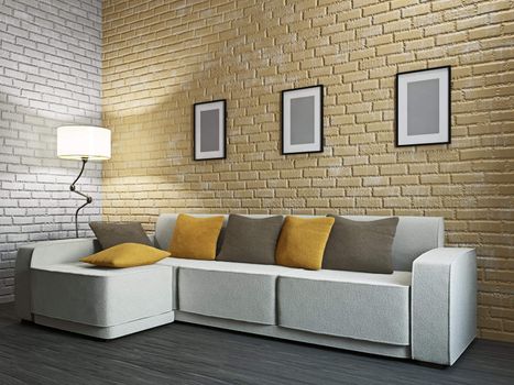 Livingroom with sofa and a lamp near the wall