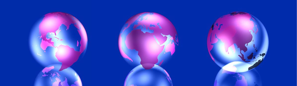 3D rendered Illustration. Globes of three sides of the World: Europe, Africa - Amerika - Asia
