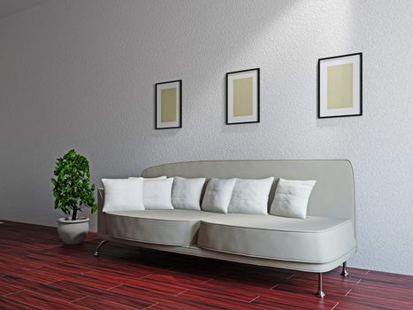 Livingroom with sofa and a plant near the wall