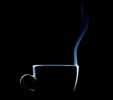 outline of a steaming coffee cup on black background