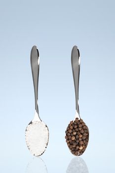 salt and pepper on spoons with blue background and reflection