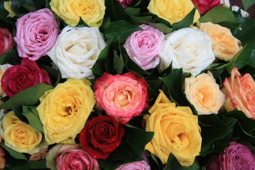 Multicolored rose arrangement after a rainshower, roses full of waterdrops