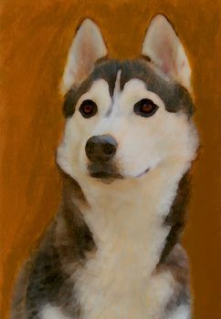 oil painting portrait of young siberian husky in autumn