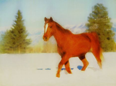 Original watercolor painting of a horse in winter