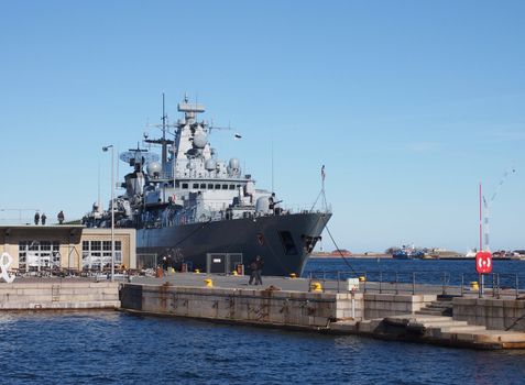 COPENHAGEN - MARCH 3: The F215 Brandenburg, a German frigate docked at Langelinie Harbor in Central Copenhagen, Denmark on March 3, 2013. This German Navy frigate was commissioned on October 14, 1994.