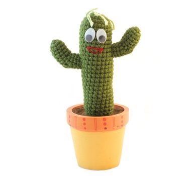 Happy Smiling Cactus Knitting in the flowerpot on white background