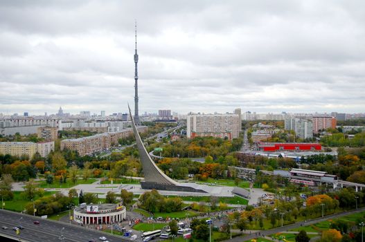 Panorama of central museum of Astronautics and Ostankino tower in Moscow, Russia