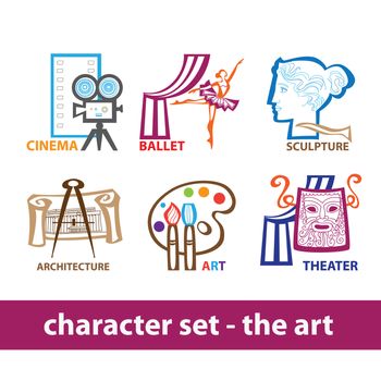 Collection of icons - the art: cinema, ballet, sculpture, architecture, art, theater. Creative vector set.