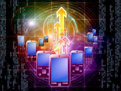 Rendering of cellular phones, numbers and abstract design elements on the subject of digital phone technology, cellular communication and modern electronic gadgets