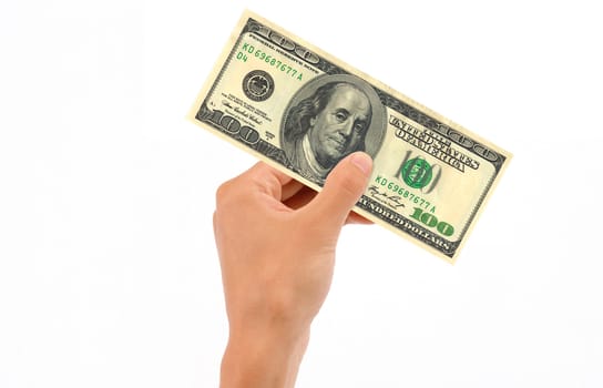 Hand holding 100 US Dollar Bill islolated on white background.