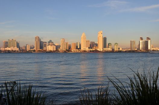 The San Diego, California skyline is viewed from Coronado Island.