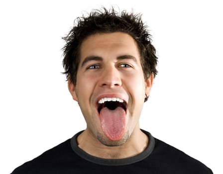Yound man screaming, shouting and smiling with his tongue out.