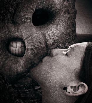 Concept digital art for a book cover (conceptual art) with a beautiful girl kissing a horrifying nature monstrosity.