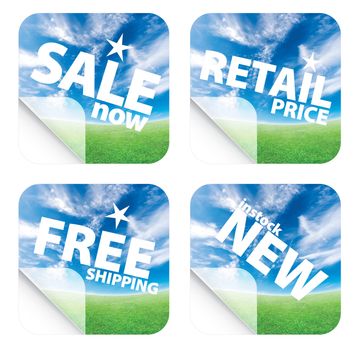 Illustrations of beautiful stickers with green grass and blue sky. Themes include sales, free shipping, retail price and new item in stock. Set 4.