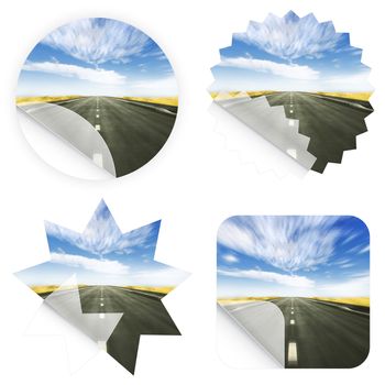 Illustration of stickers with a beautiful blue sky and road leading in the horizon. Blank and isolated.