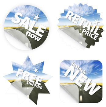 Illustration of stickers with a beautiful blue sky and road leading in the horizon. Themes include sales, free shipping, retail price and new item in stock.