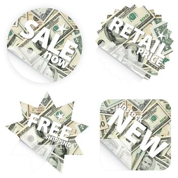 Illustrations of money stickers with Dollar banknotes. Themes include sales, free shipping, retail price and new item in stock.