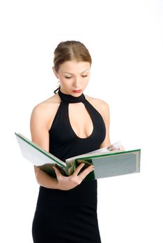 Teacher with a book posing on a white background.