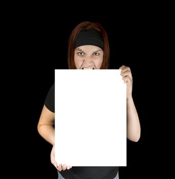 Redhead girl holding a canvas.

Shot in studio. Composite background. Black background and white design canvas for easy replacement.