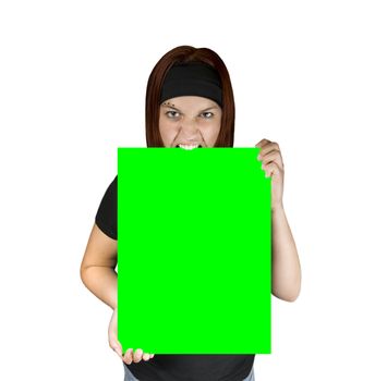 Redhead girl holding a canvas.

Shot in studio. Composite background. The girl is isolated on pure white and the canvas space for the design is in pure RGB green for easy replacement.