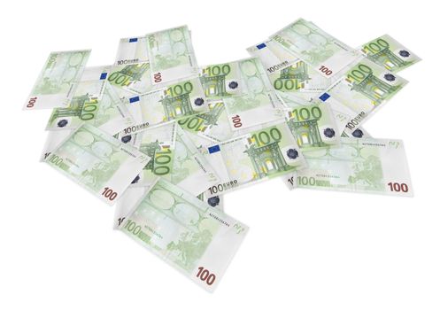 Composite shot of many euro banknotes of 100 euros spread on table in perspective.