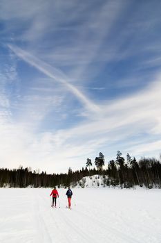 Skiing on a bright sunny day